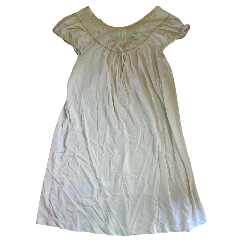 Vintage Cream Slip Nightgown Dress with Subtle Floral Pastel Embroidery